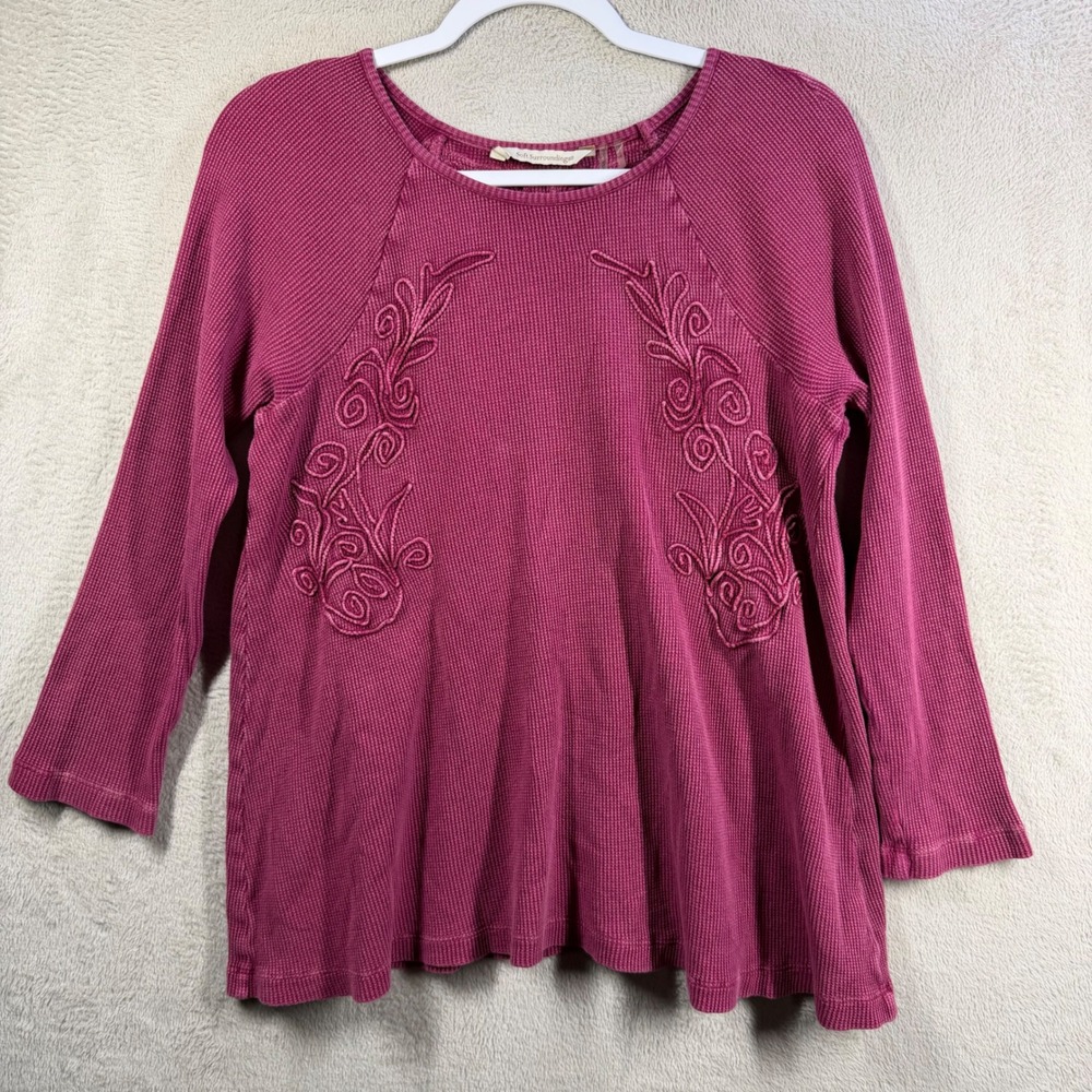 Soft Surroundings Thermal Top Women PS Pink Embroidered Waffle Knit Long Sleeve